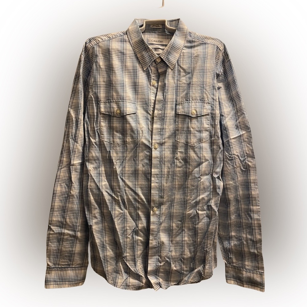 😎 Men’s Calvin Klein large long sleeve slim fit plaid 100% cotton shirt